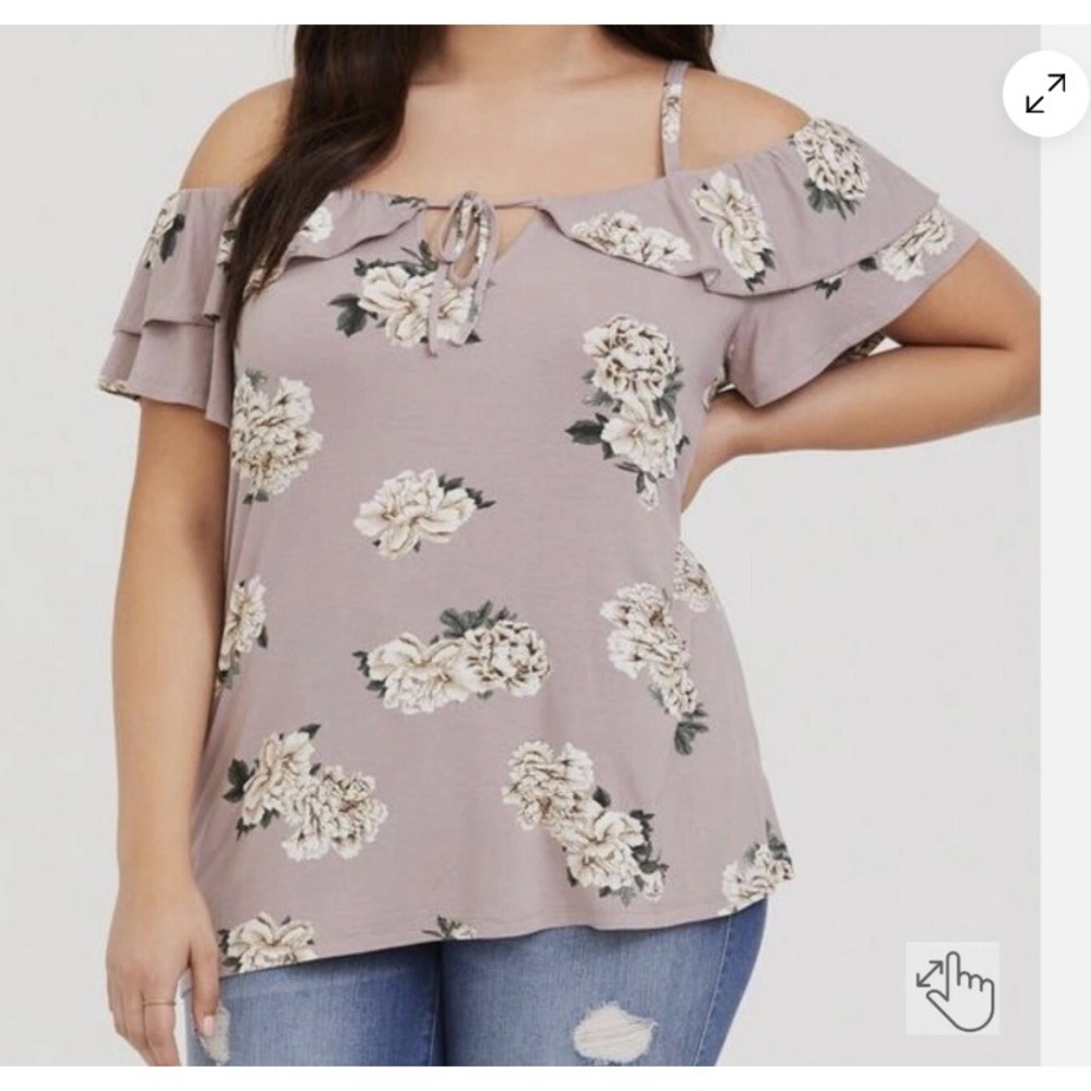 Torrid Cold Shoulder Blouse 2X Gray Floral Lace Up Georgette Top
